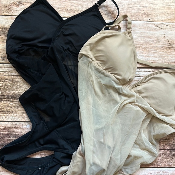 SET OF 2! NWOT Capezio Women's Plunge Neck Mesh Midriff Body Liner Leotard sz lg - Picture 3 of 7